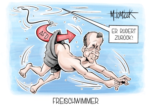 Cartoon: Freischwimmer (medium) by Mirco Tomicek tagged cdu,chef,friedrich,merz,afd,zusammenarbeit,aussage,zurückrudern,kritik,kommunal,sommerinterview,karikatur,pressekarikatur,cartoon,mirco,tomicek,cdu,chef,friedrich,merz,afd,zusammenarbeit,aussage,zurückrudern,kritik,kommunal,sommerinterview,karikatur,pressekarikatur,cartoon,mirco,tomicek