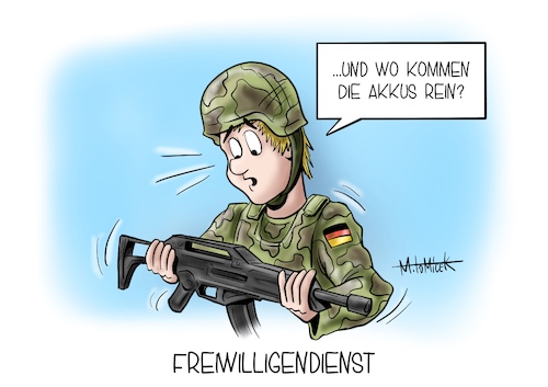 Cartoon: Freiwilligendienst (medium) by Mirco Tomicek tagged bundeswehr,freiwilligendienst,freiwillig,heimat,heimatschutz,dienst,zivil,verteidigungsministerin,kramp,karrenbauer,akk,deutschland,wehr,wehrdienst,soldat,soldaten,verteidigung,cartoon,karikatur,mirco,tomicek,bundeswehr,freiwilligendienst,freiwillig,heimat,heimatschutz,dienst,zivil,verteidigungsministerin,kramp,karrenbauer,akk,deutschland,wehr,wehrdienst,soldat,soldaten,verteidigung,cartoon,karikatur,mirco,tomicek