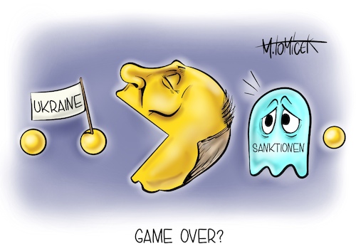 Cartoon: Game Over? (medium) by Mirco Tomicek tagged ukraine,krise,konflikt,ukrainekonflikt,sanktionen,sanktion,russland,bundesregierung,deutschland,eu,russisch,erdgas,nord,stream,nordstream,erdgasleitung,gas,grenze,truppen,militär,wladimir,putin,pacman,cartoon,karikatur,pressekarikatur,mirco,tomicek,ukraine,krise,konflikt,ukrainekonflikt,sanktionen,sanktion,russland,bundesregierung,deutschland,eu,russisch,erdgas,nord,stream,nordstream,erdgasleitung,gas,grenze,truppen,militär,wladimir,putin,pacman,cartoon,karikatur,pressekarikatur,mirco,tomicek