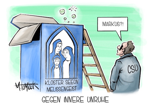 Cartoon: Gegen innere Unruhe (medium) by Mirco Tomicek tagged csu,winterklausur,klausur,markus,söder,kloster,seeon,wahlen,politik,melissengeist,cartoon,karikatur,pressekarikatur,mirco,tomicek,csu,winterklausur,klausur,markus,söder,kloster,seeon,wahlen,politik,melissengeist,cartoon,karikatur,pressekarikatur,mirco,tomicek