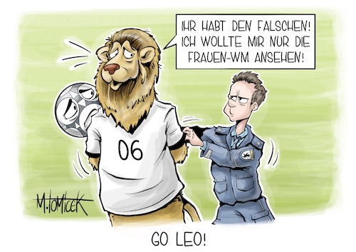 Cartoon: Go Leo! (medium) by Mirco Tomicek tagged berlin,brandenburg,löwe,löwin,entlaufen,frei,suche,suchaktion,polizei,wildtier,tier,raubkatze,goleo,wm,fußball,frauen,weltmeisterschaft,dfb,nationalelf,elf,fußballspielerinnen,mannschaft,karikatur,pressekarikatur,cartoon,mirco,tomicek,berlin,brandenburg,löwe,löwin,entlaufen,frei,suche,suchaktion,polizei,wildtier,tier,raubkatze,goleo,wm,fußball,frauen,weltmeisterschaft,dfb,nationalelf,elf,fußballspielerinnen,mannschaft,karikatur,pressekarikatur,cartoon,mirco,tomicek