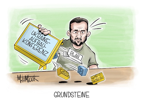 Cartoon: Grundsteine (medium) by Mirco Tomicek tagged olaf,scholz,wolodymyr,selenskyj,wiederaufbaukonferenz,ukraine,aufbaukonferenz,konferenz,aufbau,wiederaufbau,waffen,waffenlieferung,waffenlieferungen,luftabwehr,luftverteidigung,raketen,krieg,russland,lego,karikatur,pressekarikatur,cartoon,mirco,tomicek,olaf,scholz,wolodymyr,selenskyj,wiederaufbaukonferenz,ukraine,aufbaukonferenz,konferenz,aufbau,wiederaufbau,waffen,waffenlieferung,waffenlieferungen,luftabwehr,luftverteidigung,raketen,krieg,russland,lego,karikatur,pressekarikatur,cartoon,mirco,tomicek