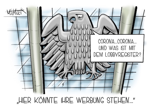 Cartoon: Hier könnte Ihre Werbung stehen (medium) by Mirco Tomicek tagged lobby,lobbyregister,bundestag,adler,deutschland,politik,politiker,register,registrierung,nebenverdienst,nebenbei,verdienen,geld,geschäfte,lobbyist,lobbyismus,koalition,maskenaffäre,affäre,cdu,csu,union,nüßlein,löbel,corona,lockdown,virus,pandemie,aussprache,regierungserklärung,erklärung,regierung,parlament,cartoon,karikatur,pressekarikatur,mirco,tomicek,lobby,lobbyregister,bundestag,adler,deutschland,politik,politiker,register,registrierung,nebenverdienst,nebenbei,verdienen,geld,geschäfte,lobbyist,lobbyismus,koalition,maskenaffäre,affäre,cdu,csu,union,nüßlein,löbel,corona,lockdown,virus,pandemie,aussprache,regierungserklärung,erklärung,regierung,parlament,cartoon,karikatur,pressekarikatur,mirco,tomicek