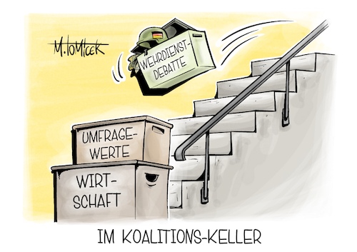 Cartoon: Im Koalitions-Keller (medium) by Mirco Tomicek tagged wehrdienst,bundeswehr,verweigerer,kriegsdienst,soldaten,soldat,freiwillig,reform,verteidigung,zahl,wirtschaft,koalition,umfragewerte,regierung,karikatur,pressekarikatur,cartoon,mirco,tomicek,wehrdienst,bundeswehr,verweigerer,kriegsdienst,soldaten,soldat,freiwillig,reform,verteidigung,zahl,wirtschaft,koalition,umfragewerte,regierung,karikatur,pressekarikatur,cartoon,mirco,tomicek