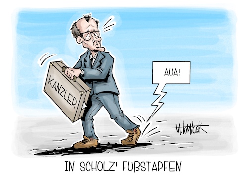Cartoon: In Scholz Fußstapfen (medium) by Mirco Tomicek tagged union,cdu,csu,spd,minister,friedrich,merz,kanzler,olaf,scholz,zapfenstreich,kanzleramt,regierung,bundesregierung,koalition,koalitions,grokon,schwarz,rot,fußstapfen,karikatur,pressekarikatur,cartoon,mirco,tomicek,union,cdu,csu,spd,minister,friedrich,merz,kanzler,olaf,scholz,zapfenstreich,kanzleramt,regierung,bundesregierung,koalition,koalitions,grokon,schwarz,rot,fußstapfen,karikatur,pressekarikatur,cartoon,mirco,tomicek