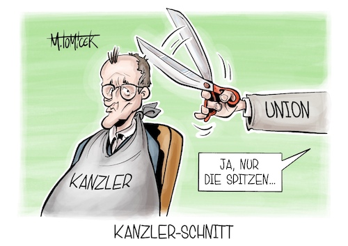 Cartoon: Kanzler-Schnitt (medium) by Mirco Tomicek tagged union,cdu,csu,kanzlertausch,kanzler,kanzleramt,friedrich,merz,hendrik,wüst,nachfolge,koalition,regierung,karikatur,pressekarikatur,cartoon,mirco,tomicek,union,cdu,csu,kanzlertausch,kanzler,kanzleramt,friedrich,merz,hendrik,wüst,nachfolge,koalition,regierung,karikatur,pressekarikatur,cartoon,mirco,tomicek