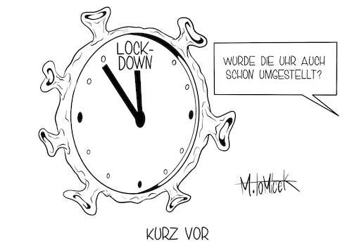 Cartoon: Kurz vor (medium) by Mirco Tomicek tagged uhrzeit,winterzeit,sommerzeit,uhr,umstellen,zeit,umstellung,zurückstellen,corona,covid19,virus,viren,infektion,infektionszahlen,infekt,ansteckung,regelen,maßnahmen,maskenpflicht,masken,coronazahlen,lockdown,lock,down,karikatur,pressekarikatur,cartoon,mirco,tomicek,uhrzeit,winterzeit,sommerzeit,uhr,umstellen,zeit,umstellung,zurückstellen,corona,covid19,virus,viren,infektion,infektionszahlen,infekt,ansteckung,regelen,maßnahmen,maskenpflicht,masken,coronazahlen,lockdown,lock,down,karikatur,pressekarikatur,cartoon,mirco,tomicek