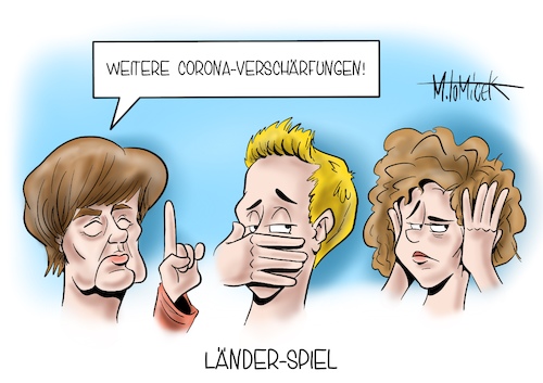 Cartoon: Länder-Spiel (medium) by Mirco Tomicek tagged angela,merkel,ministerpräsidenten,kanzlerin,kritik,verschärfungen,verschärfung,beschluss,beschlussvorlagen,gestrichen,video,videokonferenz,corona,covid19,lockdown,shutdown,coronavirus,virus,impfen,viren,videoschalte,schalte,schulen,schüler,kontakt,kontaktbeschränkung,kontaktbeschränkungen,cartoon,karikatur,pressekarikatur,mirco,tomicek,angela,merkel,ministerpräsidenten,kanzlerin,kritik,verschärfungen,verschärfung,beschluss,beschlussvorlagen,gestrichen,video,videokonferenz,corona,covid19,lockdown,shutdown,coronavirus,virus,impfen,viren,videoschalte,schalte,schulen,schüler,kontakt,kontaktbeschränkung,kontaktbeschränkungen,cartoon,karikatur,pressekarikatur,mirco,tomicek