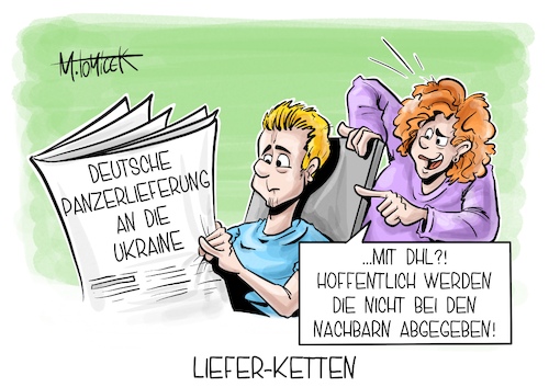 Cartoon: Liefer-Ketten (medium) by Mirco Tomicek tagged deutschland,deutsche,gepard,panzer,lieferung,liefern,panzerlieferung,ukraine,krieg,russland,schwere,waffen,waffenlieferung,waffenlieferungen,lieferungen,dhl,bundesregierung,cartoon,karikatur,pressekarikatur,mirco,tomicek,deutschland,deutsche,gepard,panzer,lieferung,liefern,panzerlieferung,ukraine,krieg,russland,schwere,waffen,waffenlieferung,waffenlieferungen,lieferungen,dhl,bundesregierung,cartoon,karikatur,pressekarikatur,mirco,tomicek