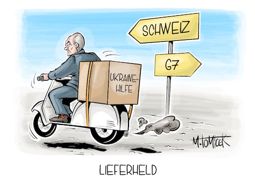 Cartoon: Lieferheld (medium) by Mirco Tomicek tagged olaf,scholz,gipfel,gipfeltreffen,g7,frieden,in,der,ukraine,hilfe,krieg,russland,friedenskonferenz,konferenz,italien,cartoon,karikatur,pressekarikatur,mirco,tomicek,olaf,scholz,gipfel,gipfeltreffen,g7,frieden,in,der,ukraine,hilfe,krieg,russland,friedenskonferenz,konferenz,italien,cartoon,karikatur,pressekarikatur,mirco,tomicek