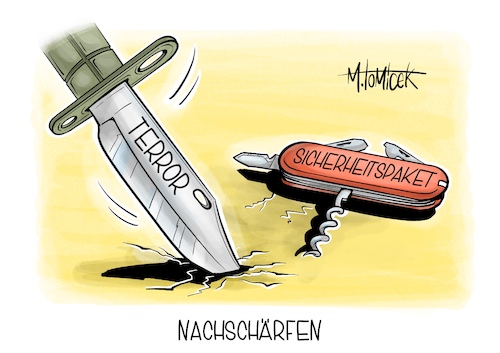 Cartoon: Nachschärfen (medium) by Mirco Tomicek tagged union,cdu,csu,merz,nachschärfen,verschärfen,sicherheitspaket,sicherheit,paket,ampel,koalition,regierung,plan,bundesrat,terror,gefahr,migration,asyl,waffen,nachbesserung,messer,karikatur,pressekarikatur,cartoon,mirco,tomicek,union,cdu,csu,merz,nachschärfen,verschärfen,sicherheitspaket,sicherheit,paket,ampel,koalition,regierung,plan,bundesrat,terror,gefahr,migration,asyl,waffen,nachbesserung,messer,karikatur,pressekarikatur,cartoon,mirco,tomicek