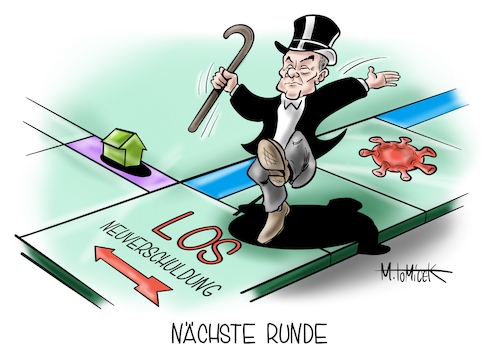 Cartoon: Nächste Runde (medium) by Mirco Tomicek tagged olaf,scholz,schuldenbremse,schulden,bremse,neuverschuldung,verschuldung,2021,2022,finanzen,finanzminister,corona,covid19,krise,pandemie,lockdown,geld,nachtragshaushalt,haushalt,unternehmenshilfe,hilfe,unternehmen,monopoly,guy,cartoon,karikatur,pressekarikatur,mirco,tomicek,olaf,scholz,schuldenbremse,schulden,bremse,neuverschuldung,verschuldung,2021,2022,finanzen,finanzminister,corona,covid19,krise,pandemie,lockdown,geld,nachtragshaushalt,haushalt,unternehmenshilfe,hilfe,unternehmen,monopoly,guy,cartoon,karikatur,pressekarikatur,mirco,tomicek