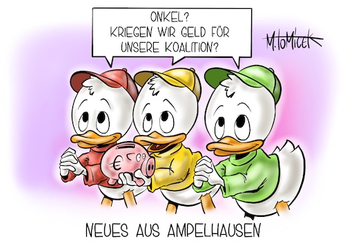 Cartoon: Neues aus Ampelhausen (medium) by Mirco Tomicek tagged ampel,ampelkoalition,spd,grüne,fdp,verhandlungen,finanzen,finanzierung,finanzierbarkeit,vorhaben,koalition,regierung,regierungsbildung,geld,umsetzung,entenhausen,disney,tick,trick,track,donald,duck,ducktales,cartoon,karikatur,pressekarikatur,mirco,tomicek,ampel,ampelkoalition,spd,grüne,fdp,verhandlungen,finanzen,finanzierung,finanzierbarkeit,vorhaben,koalition,regierung,regierungsbildung,geld,umsetzung,entenhausen,disney,tick,trick,track,donald,duck,ducktales,cartoon,karikatur,pressekarikatur,mirco,tomicek