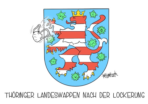 Cartoon: Neues Thüringer Landeswappen (medium) by Mirco Tomicek tagged thüringen,ramelow,corona,lockerung,covid19,maskenpflicht,regeln,wappen,thüringen,ramelow,corona,lockerung,covid19,maskenpflicht,regeln,wappen