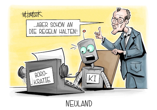 Cartoon: Neuland (medium) by Mirco Tomicek tagged bundeskabinett,kabinett,merz,ki,regeln,regulierung,regulierungen,eu,europa,künstliche,intelligenz,büro,bürokratie,schreibmachine,karikatur,pressekarikatur,cartoon,mirco,tomicek,bundeskabinett,kabinett,merz,ki,regeln,regulierung,regulierungen,eu,europa,künstliche,intelligenz,büro,bürokratie,schreibmachine,karikatur,pressekarikatur,cartoon,mirco,tomicek