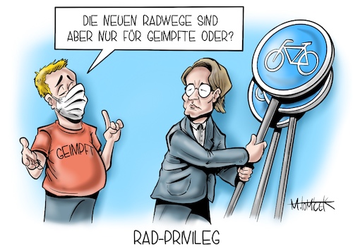 Cartoon: Rad-Privileg (medium) by Mirco Tomicek tagged andreas,scheuer,bundesverkehrsminister,radweg,radwege,radverkehr,rad,fahrrad,fahrräder,radeln,lücken,verbindung,städte,großstädte,geimpft,impfungen,privileg,vorteil,vorteile,geimpfte,impfung,impfstoff,impfvorteil,maßnahmen,regeln,lockerungen,lockerung,corona,cartoon,karikatur,pressekarikatur,mirco,tomicek,andreas,scheuer,bundesverkehrsminister,radweg,radwege,radverkehr,rad,fahrrad,fahrräder,radeln,lücken,verbindung,städte,großstädte,geimpft,impfungen,privileg,vorteil,vorteile,geimpfte,impfung,impfstoff,impfvorteil,maßnahmen,regeln,lockerungen,lockerung,corona,cartoon,karikatur,pressekarikatur,mirco,tomicek