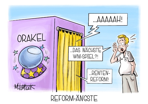 Cartoon: Reform-Ängste (medium) by Mirco Tomicek tagged fußball,wm,weltmeisterschaft,spiele,spiel,mannschaft,fußballer,fans,orakel,tore,rente,renten,rentenreform,reformen,reform,koalition,regierung,karikatur,cartoon,pressekarikatur,mirco,tomicek,fußball,wm,weltmeisterschaft,spiele,spiel,mannschaft,fußballer,fans,orakel,tore,rente,renten,rentenreform,reformen,reform,koalition,regierung,karikatur,cartoon,pressekarikatur,mirco,tomicek