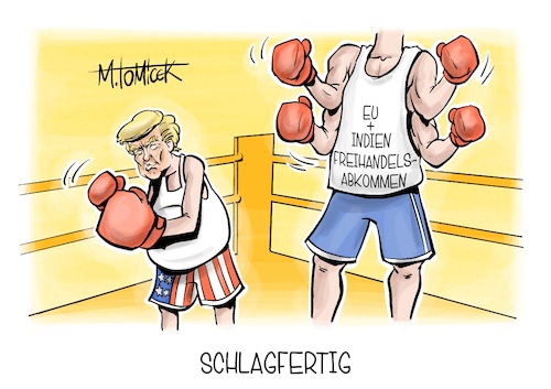 Cartoon: Schlagfertig (medium) by Mirco Tomicek tagged eu,indien,freihandelsabkommen,freihandel,abkommen,handelsabkommen,europa,usa,us,amerika,wirtschaft,industrie,wirtschaftlich,deals,trump,zölle,karikatur,cartoon,pressekarikatur,mirco,tomicek,eu,indien,freihandelsabkommen,freihandel,abkommen,handelsabkommen,europa,usa,us,amerika,wirtschaft,industrie,wirtschaftlich,deals,trump,zölle,karikatur,cartoon,pressekarikatur,mirco,tomicek