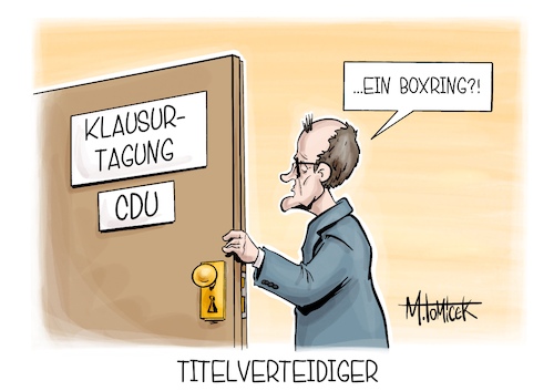 Cartoon: Titelverteidiger (medium) by Mirco Tomicek tagged cdu,klausur,klausurtagung,friedrich,merz,hendrik,wüst,gerücht,gerüchte,kanzler,kanzleramt,kanzlertausch,sauerland,meschede,karikatur,cartoon,pressekarikatur,mirco,tomicek,cdu,klausur,klausurtagung,friedrich,merz,hendrik,wüst,gerücht,gerüchte,kanzler,kanzleramt,kanzlertausch,sauerland,meschede,karikatur,cartoon,pressekarikatur,mirco,tomicek