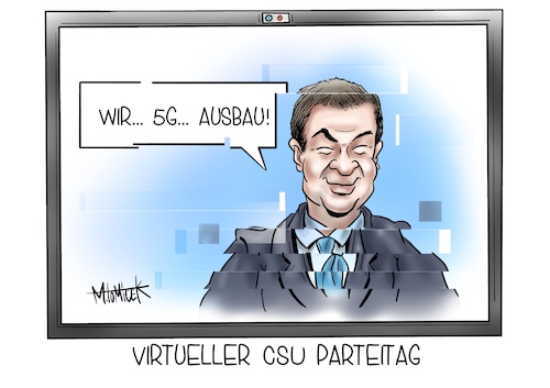 Cartoon: Virtueller CSU Parteitag (medium) by Mirco Tomicek tagged csu,parteitag,virtuell,markus,söder,5g,ausbau,paket,partei,video,videochat,corona,csu,parteitag,virtuell,markus,söder,5g,ausbau,paket,partei,video,videochat,corona