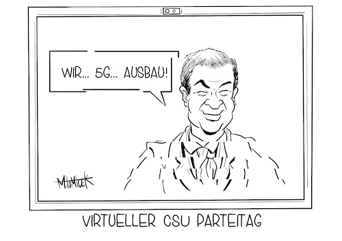 Cartoon: Virtueller CSU Parteitag (medium) by Mirco Tomicek tagged csu,parteitag,virtuell,markus,söder,5g,ausbau,paket,partei,video,videochat,corona,csu,parteitag,virtuell,markus,söder,5g,ausbau,paket,partei,video,videochat,corona