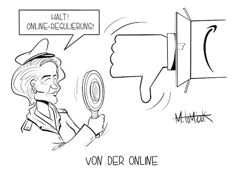 Cartoon: Von der Online (medium) by Mirco Tomicek tagged eu,online,regulierung,regeln,digital,digitale,märkte,entwurf,entwürfe,europa,europäische,kommission,ursula,von,der,leyen,services,act,commerce,shops,shopping,web,website,webseiten,facebook,amazon,händler,plattformen,plattform,richtlinien,social,media,apple,google,recht,rechte,cartoon,karikatur,pressekarikatur,mirco,tomicek,eu,online,regulierung,regeln,digital,digitale,märkte,entwurf,entwürfe,europa,europäische,kommission,ursula,von,der,leyen,services,act,commerce,shops,shopping,web,website,webseiten,facebook,amazon,händler,plattformen,plattform,richtlinien,social,media,apple,google,recht,rechte,cartoon,karikatur,pressekarikatur,mirco,tomicek