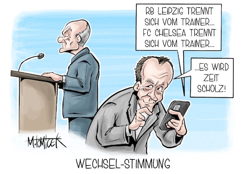 Cartoon: Wechsel-Stimmung (medium) by Mirco Tomicek tagged generaldebatte,general,debatte,bundestag,ampelkoalition,ampel,koalition,olaf,scholz,friedrich,merz,oppositionsführer,opposition,fc,chelsea,rb,leipzig,trainer,entlassen,fußball,fußballtrainer,cartoon,karikatur,pressekarikatur,mirco,tomicek,generaldebatte,general,debatte,bundestag,ampelkoalition,ampel,koalition,olaf,scholz,friedrich,merz,oppositionsführer,opposition,fc,chelsea,rb,leipzig,trainer,entlassen,fußball,fußballtrainer,cartoon,karikatur,pressekarikatur,mirco,tomicek