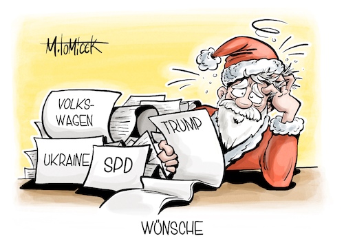 Cartoon: Wünsche (medium) by Mirco Tomicek tagged volkswagen,konzept,vw,ig,metall,betriebsrat,eckpunkte,finanzierung,finanzen,löhne,lohn,waffen,langstreckenraketen,raketen,ukraine,selenskyj,krieg,russland,spd,scholz,pistorius,kfrage,kanzlerfrage,kanzlerkandidat,kandidatur,neuwahlen,donald,trump,kabinett,usa,us,präsident,weihnachten,weihnachtsmann,wunschzettel,karikatur,pressekarikatur,cartoon,mirco,tomicek,volkswagen,konzept,vw,ig,metall,betriebsrat,eckpunkte,finanzierung,finanzen,löhne,lohn,waffen,langstreckenraketen,raketen,ukraine,selenskyj,krieg,russland,spd,scholz,pistorius,kfrage,kanzlerfrage,kanzlerkandidat,kandidatur,neuwahlen,donald,trump,kabinett,usa,us,präsident,weihnachten,weihnachtsmann,wunschzettel,karikatur,pressekarikatur,cartoon,mirco,tomicek