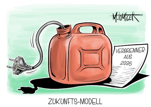 Cartoon: Zukunfts-Modell (medium) by Mirco Tomicek tagged verbrenner,aus,2035,eu,europa,verbrennungsmotoren,motoren,motor,auto,autos,kfz,elektroauto,elektro,elektroantrieb,tanken,tankstelle,elektrotankstelle,elektronisch,ladeinfrastruktur,laden,infrastruktur,autoindustrie,benzin,diesel,solar,umwelt,umweltschutz,klimawandel,cartoon,karikatur,pressekarikatur,mirco,tomicek,verbrenner,aus,2035,eu,europa,verbrennungsmotoren,motoren,motor,auto,autos,kfz,elektroauto,elektro,elektroantrieb,tanken,tankstelle,elektrotankstelle,elektronisch,ladeinfrastruktur,laden,infrastruktur,autoindustrie,benzin,diesel,solar,umwelt,umweltschutz,klimawandel,cartoon,karikatur,pressekarikatur,mirco,tomicek