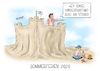 Cartoon: Sommerferien 2020 (small) by Mirco Tomicek tagged sommerferien,2020,urlaub,sommer,reise,warnung,ferien,strand,meer,sonne,küste,sandburg,verreisen,karikatur,cartoon,tomicek