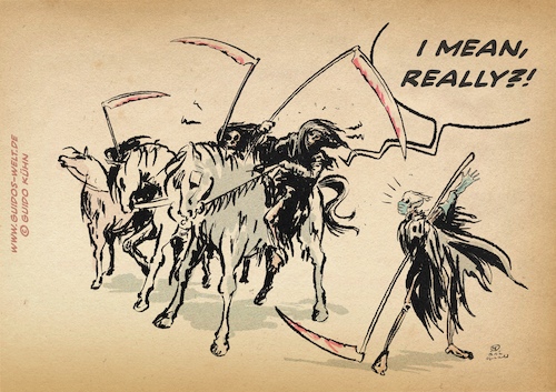 Cartoon: apocalypse (medium) by Guido Kuehn tagged corona,covid19,masks,corona,covid19,masks,pandemi,tod,sensenmann,apocalypse,reiter,riders,realität