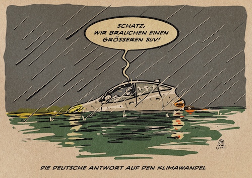 Cartoon: Die Deutsche Antwort (medium) by Guido Kuehn tagged klimawandel,suv,auto,öpnv,flächenversiegelung,klimawandel,suv,auto,öpnv,flächenversiegelung
