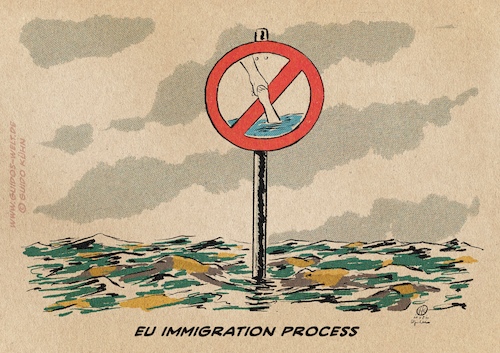 Cartoon: EU Immigration Process (medium) by Guido Kuehn tagged eu,immigration,mediterranean,eu,immigration,mediterranean