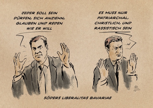 Cartoon: Söders Toleranzbegriff (medium) by Guido Kuehn tagged söder,bayern,gender,gendern,rassismus,toleranz,freiheit,sprachpolizei,wokeness,söder,bayern,gender,gendern,rassismus,toleranz,freiheit,sprachpolizei,wokeness