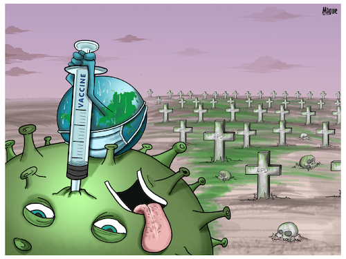 Cartoon: How many deaths? (medium) by miguelmorales tagged coronavirus,death,vaccine,graveyard,covid19,muertos,success,crisis,outbreak