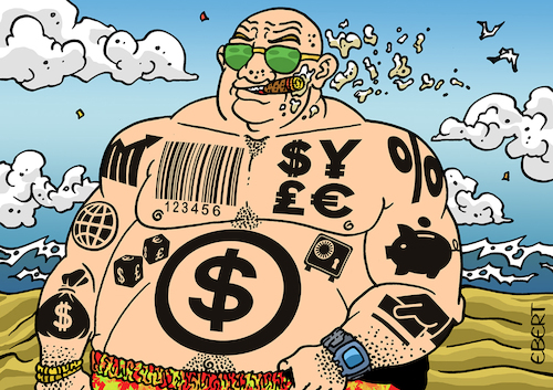 Cartoon: Tattoed businessman (medium) by Enrico Bertuccioli tagged businessman,tattoo,economy,money,greed,markets,business,bank,banker,speculation,speculator,finance,financial,world,global,rich,richness,society,people,government,affair,trade,commerce,capitalism,wage,profit,billionaire,fraud,corruption,currency