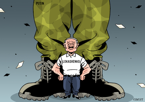 Cartoon: The bodyguard (medium) by Enrico Bertuccioli tagged putin,lukashenko,belarus,russia,dictator,dictstorship,democracy,protests,people,military,crisis,regime,authoritarianism,authocracy,freedom,opposition,violence,civil,war