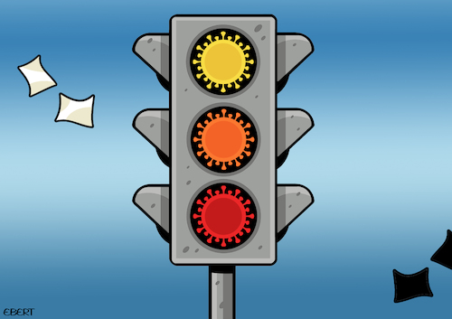 Cartoon: The COVID-19 traffic lights (medium) by Enrico Bertuccioli tagged covid19,coronavirus,virus,disease,health,lockdown,outbreak,pandemic,government,global,restrictions,security,safety,life,isoilation,prevention,vaccine,traffic,lights,human,beings,behaviour,policy,regulation,rules,people,society,social,awareness,knowledge,relationship,psychology,psychological,depression,anxiety