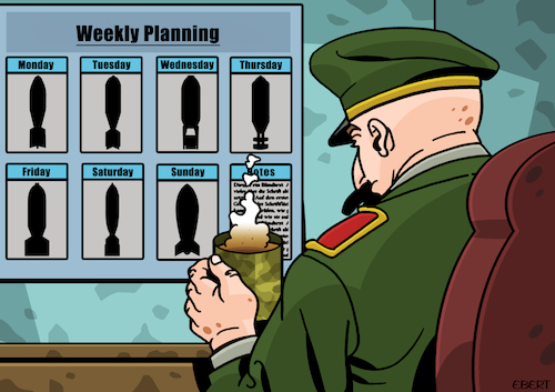 Cartoon: Warmonger weekly planning (medium) by Enrico Bertuccioli tagged warmonger,war,crisis,military,weapons,destruction,army,world,global,political,routine,planning,warmonger,war,crisis,military,weapons,destruction,army,world,global,political,routine,planning