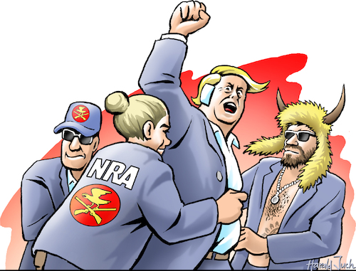 Cartoon: Attentat auf Trump (medium) by Harald Juch tagged wahlveranstaltung,wahlkampf,in,usa,donald,trump,präsidentschaftskandidat,attentat,ohr,2024