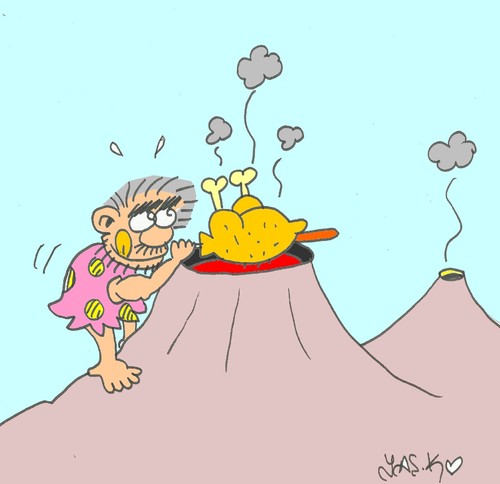 Cartoon: first barbecue (medium) by yasar kemal turan tagged first,barbecue,meat,volcano