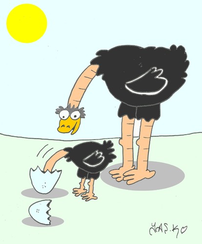 Cartoon: first step (medium) by yasar kemal turan tagged first,step,ostrich,mother,cub,egg