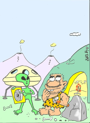 Cartoon: alien assistance (medium) by yasar kemal turan tagged alien,ufo,wheel,first
