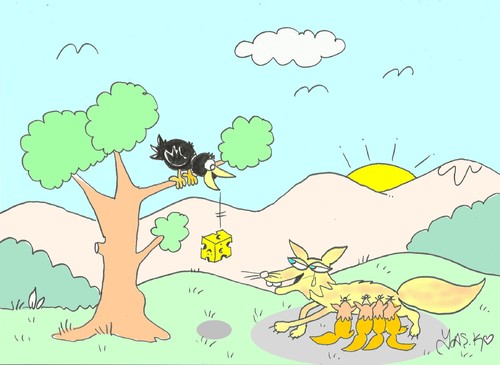 Cartoon: friendship-offspring (medium) by yasar kemal turan tagged cub,milk,mother,motherhood,cheese,fox,crow,friendship