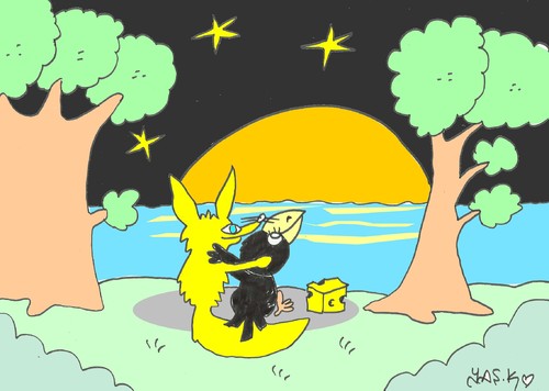Cartoon: moonlight-love (medium) by yasar kemal turan tagged night,moon,moonlight,cheese,fox,crow