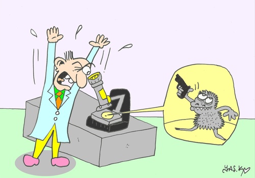 Cartoon: threat (medium) by yasar kemal turan tagged threat,germ,microscope,weapons