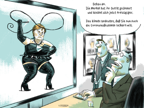 Cartoon: Domina Merkel (medium) by Thomas Kuhlenbeck tagged merkel,kanzlerin,ministerpräsidenten,konferenz,video,lockdown,maßnahmen,domina,merkel,kanzlerin,ministerpräsidenten,konferenz,video,lockdown,maßnahmen,domina