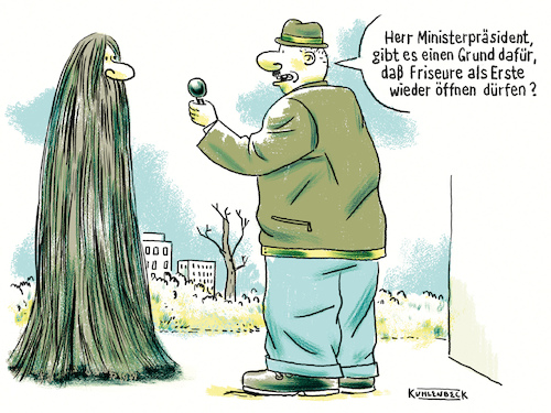 Cartoon: Friseure dürfen öffnen (medium) by Thomas Kuhlenbeck tagged corona,ministerpräsidentenkonferenz,konferenz,ergebnis,friseur,friseure,öffnung,shutdown,lockdown,reporter,journalist,corona,ministerpräsidentenkonferenz,konferenz,ergebnis,friseur,friseure,öffnung,shutdown,lockdown,reporter,journalist