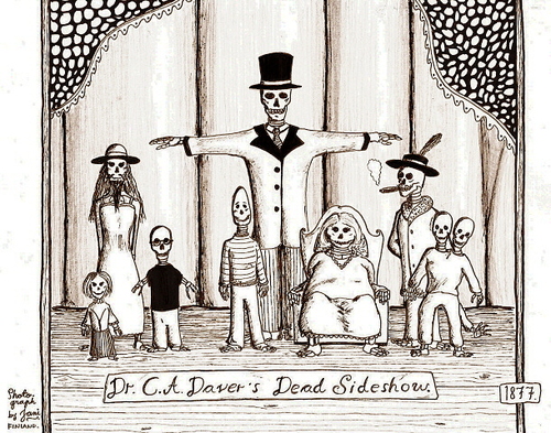 Cartoon: Dead sideshow (medium) by Jani The Rock tagged sideshow,freakshow,cadaver,dead,death,giant,midget,pinhead