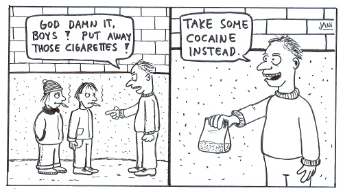 Cartoon: Mr. Misanthropy educates (medium) by Jani The Rock tagged misanthropy,tobacco,drugs,cocaine,children,kids